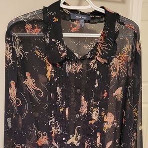 Modcloth Black Ocean Octopus and Jellyfish Sheer Blouse